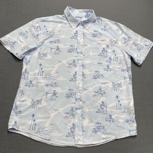 Huk Shirt Mens Large Light Blue Fishing Graphic Short Sleeve Button Up Relaxed